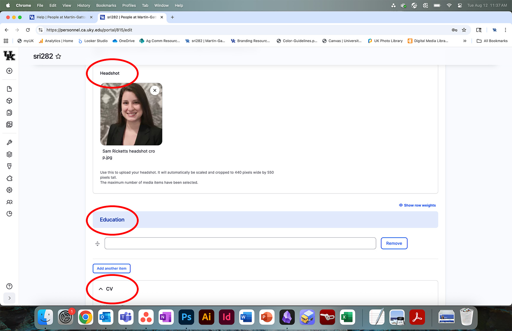 Screenshot of profile Headshot, Education, CV sections
