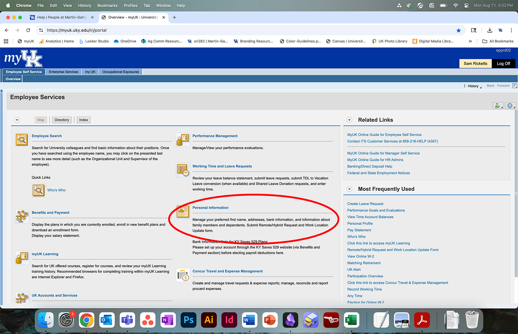 Screenshot of Personal Information link in myUK