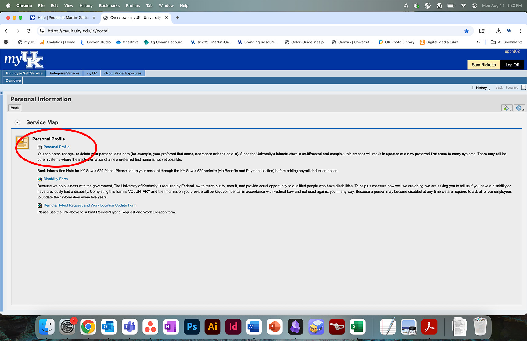 Screenshot of Personal Profile link in myUK