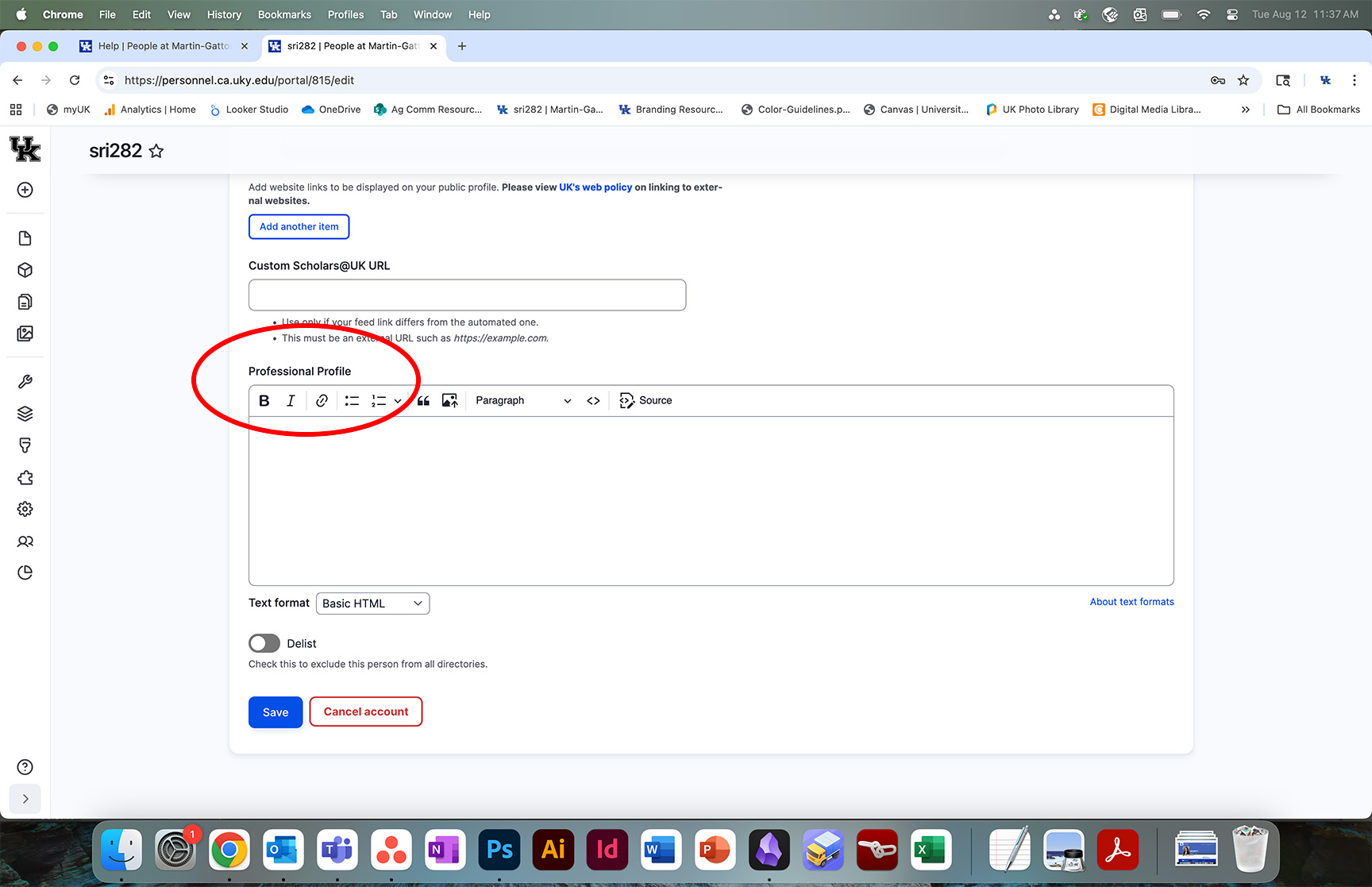 Screenshot of Professional Profile section