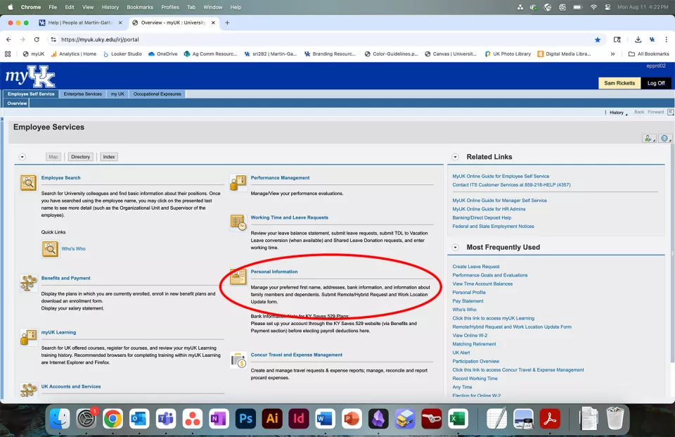 Screenshot of Personal Information link in myUK